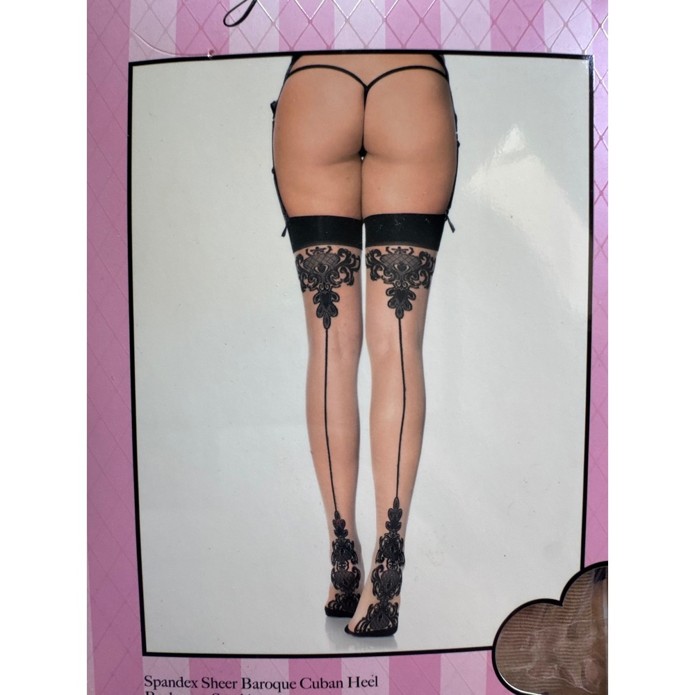 Leg Avenue 1109 Sheer Baroque Cuban Heel Backseam Stockings Nude Black O/S